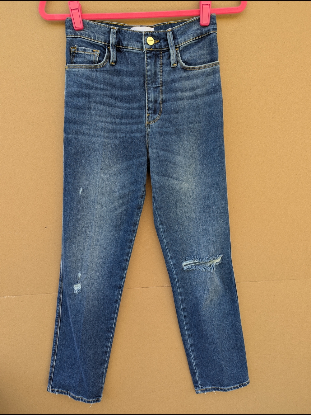 FRAME Le Sylvie Crop High Rise Straight Leg Jeans Distressed Denim Medium Wash